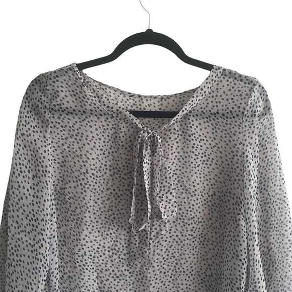 SILK Popover Printed Semi-Sheer Blouse With Tie Neck Grey Blue M - Picture 2 of 10